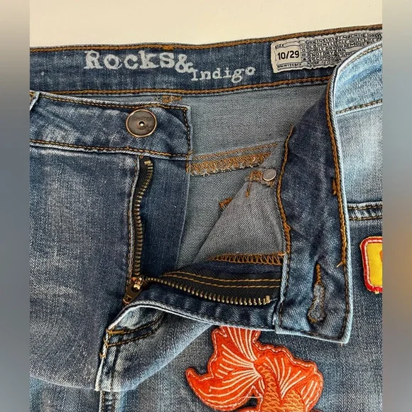 Rocks & Indigo denim mini skirt patch work 80s sequins frayed raw hem 10/29 - Picture 2 of 5